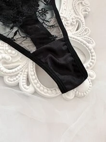 SHEIN 2件套女士蕾丝拼接透视扭结性感内衣套装 - 黑色 - 查看 5