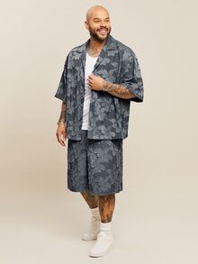 EASEVO 大尺碼男士牛仔效果鏤空半袖襯衫 & 短褲套裝，適合夏季、度假、父親節禮物 - 深灰色 - 查看 7