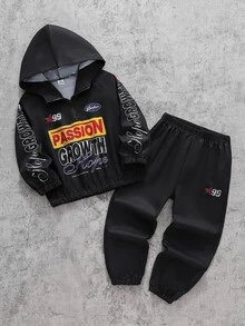 2pcs/Set Boys Casual Street Style Letter Print Patchwork Long Sleeve Zip-Up Hoodie And Pants Set, Suitable For Spring/Autumn Daily Casual Wear, Suitable For Autumn/Winter, Comfortable Fabric, Fashionable Fit, Spring/Summer New Style, Suitable For Multiple Seasons And Occasions - Black - View 3