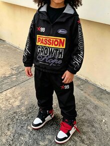 2pcs/Set Boys Casual Street Style Letter Print Patchwork Long Sleeve Zip-Up Hoodie And Pants Set, Suitable For Spring/Autumn Daily Casual Wear, Suitable For Autumn/Winter, Comfortable Fabric, Fashionable Fit, Spring/Summer New Style, Suitable For Multiple Seasons And Occasions - Black - View 1