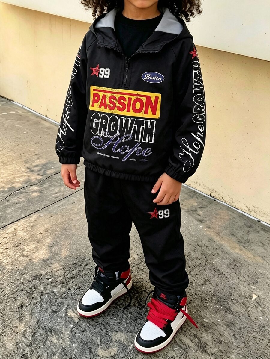 2pcs/Set Boys Casual Street Style Letter Print Patchwork Long Sleeve Zip-Up Hoodie And Pants Set, Suitable For Spring/Autumn Daily Casual Wear, Suitable For Autumn/Winter, Comfortable Fabric, Fashionable Fit, Spring/Summer New Style, Suitable For Multiple Seasons And Occasions - Black - View 1
