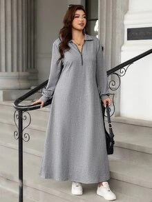 EMERY ROSE Women's Plus Size New Autumn French High-End Cinched Waist Long Sleeve Shirt Collar, Featuring POLO Collar And Zipper Design Long Dress Fall - Light Grey - View 4