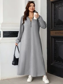 EMERY ROSE Women's Plus Size New Autumn French High-End Cinched Waist Long Sleeve Shirt Collar, Featuring POLO Collar And Zipper Design Long Dress Fall - Light Grey - View 6