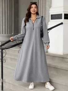 EMERY ROSE Women's Plus Size New Autumn French High-End Cinched Waist Long Sleeve Shirt Collar, Featuring POLO Collar And Zipper Design Long Dress Fall - Light Grey - View 7