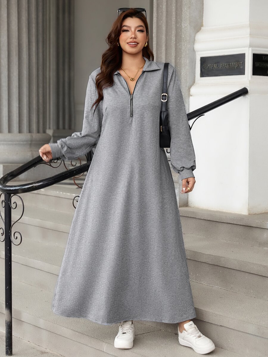 EMERY ROSE Women's Plus Size New Autumn French High-End Cinched Waist Long Sleeve Shirt Collar, Featuring POLO Collar And Zipper Design Long Dress Fall - Light Grey - View 1