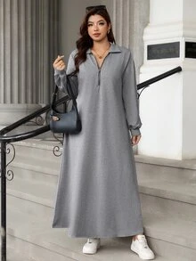 EMERY ROSE Women's Plus Size New Autumn French High-End Cinched Waist Long Sleeve Shirt Collar, Featuring POLO Collar And Zipper Design Long Dress Fall - Light Grey - View 3