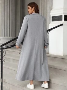 EMERY ROSE Women's Plus Size New Autumn French High-End Cinched Waist Long Sleeve Shirt Collar, Featuring POLO Collar And Zipper Design Long Dress Fall - Light Grey - View 2