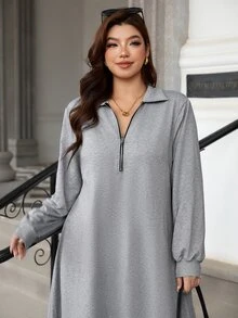 EMERY ROSE Women's Plus Size New Autumn French High-End Cinched Waist Long Sleeve Shirt Collar, Featuring POLO Collar And Zipper Design Long Dress Fall - Light Grey - View 5