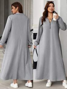EMERY ROSE Women's Plus Size New Autumn French High-End Cinched Waist Long Sleeve Shirt Collar, Featuring POLO Collar And Zipper Design Long Dress Fall - Light Grey - View 1