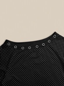 Lalippa Women's Korean Style Polka Dot Print Grommet Asymmetric Shoulder Top - Multicolor - View 4