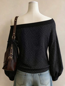 Lalippa Women's Korean Style Polka Dot Print Grommet Asymmetric Shoulder Top - Multicolor - View 2