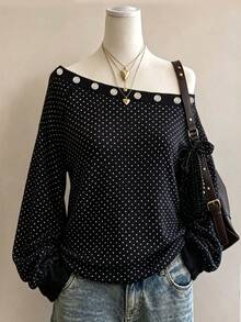 Lalippa Women's Korean Style Polka Dot Print Grommet Asymmetric Shoulder Top - Multicolor - View 1