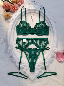 QuietHaus 4件套女士性感内衣套装 - 墨綠色 - 查看 2