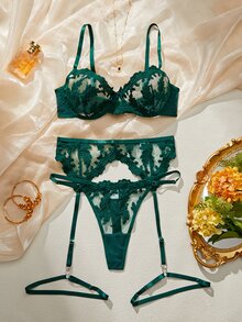 QuietHaus 4件套女士性感内衣套装 - 墨綠色 - 查看 5