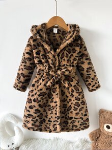 SHEIN 少女豹紋連帽睡裙，秋冬款加厚柔軟休閒居家服，適合日常穿著 - 棕色 - 查看 7