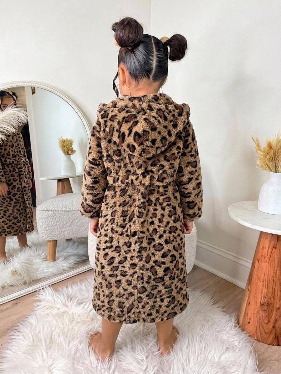 SHEIN 少女豹紋連帽睡裙,秋冬款加厚柔軟休閒居家服,適合日常穿著 - 棕色 - 查看 1