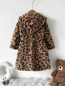 SHEIN 少女豹紋連帽睡裙，秋冬款加厚柔軟休閒居家服，適合日常穿著 - 棕色 - 查看 2