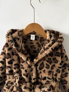SHEIN 少女豹紋連帽睡裙，秋冬款加厚柔軟休閒居家服，適合日常穿著 - 棕色 - 查看 3