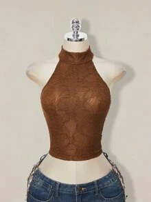 SHEIN ICON 女士Y2K时尚修身休闲露背上衣 - 咖啡棕 - 查看 4