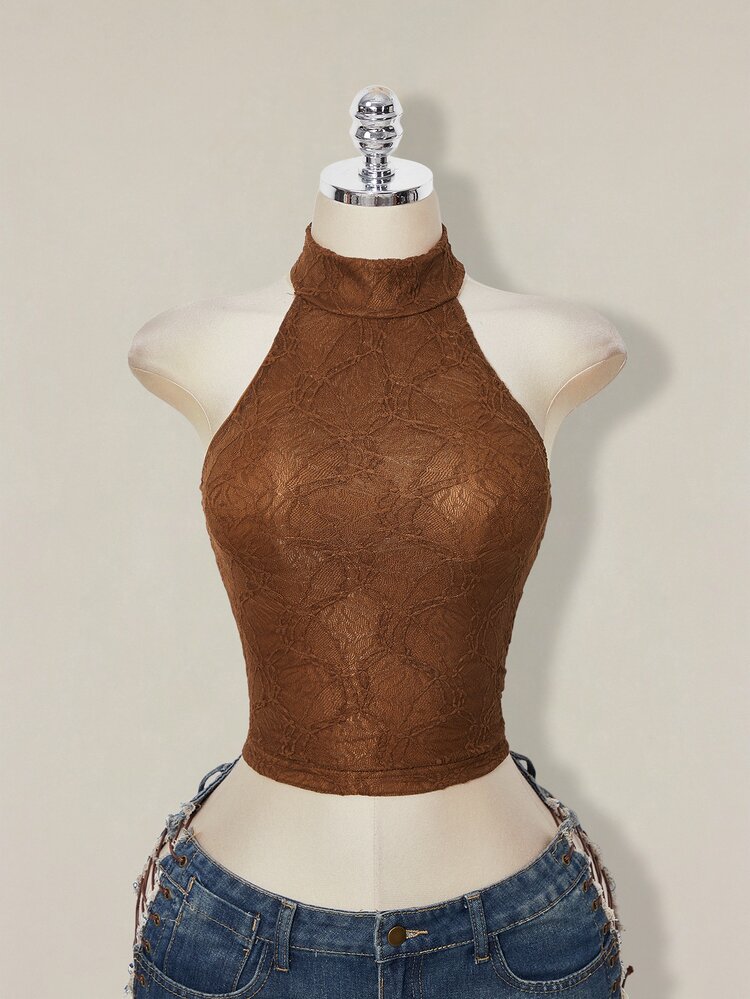 SHEIN ICON Women's Y2K Sexy Fashion Fitted Casual Halter Neck Top Club Night Out Shades Of Brown Summer - Coffee Brown - View 3