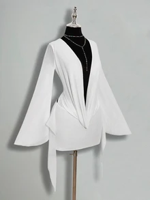 SHEIN ICON Sexy Oversized Plunging Neckline Mesh Patchwork Backless Mini Dress - White - View 5