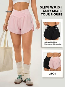 Velisys Velisys 2pcs/Set Casual Versatile Asymmetrical Waist Design Slimming Letter Print Sports Shorts - Multicolor - View 6