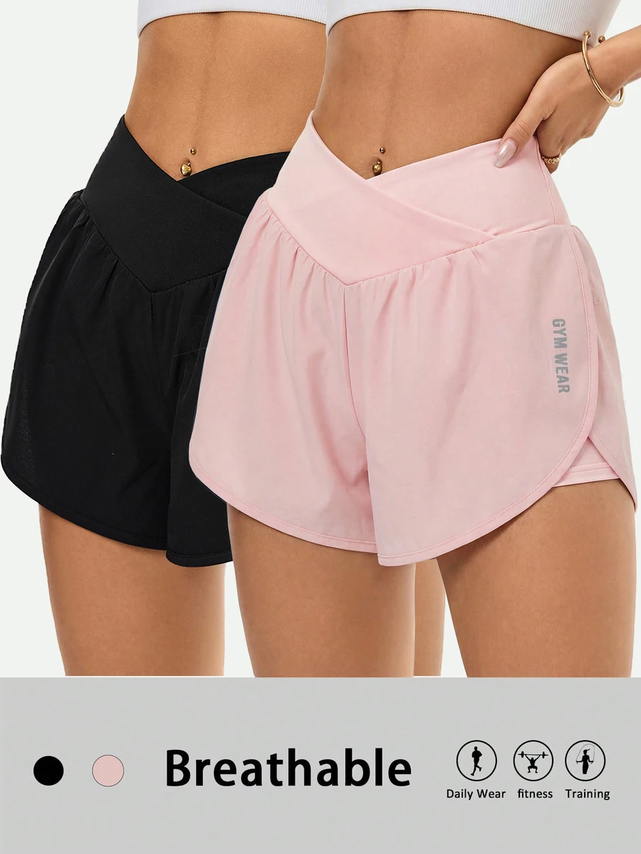 Velisys Velisys 2pcs/Set Casual Versatile Asymmetrical Waist Design Slimming Letter Print Sports Shorts