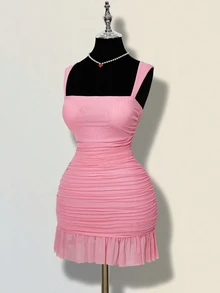 SHEIN ICON Vestido mini de mujer de unicolor con malla y drapeado ajustado sin mangas - Rosa Pálido - Ver 5