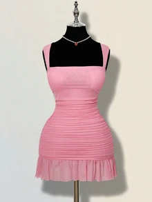 SHEIN ICON Vestido mini de mujer de unicolor con malla y drapeado ajustado sin mangas - Rosa Pálido - Ver 3