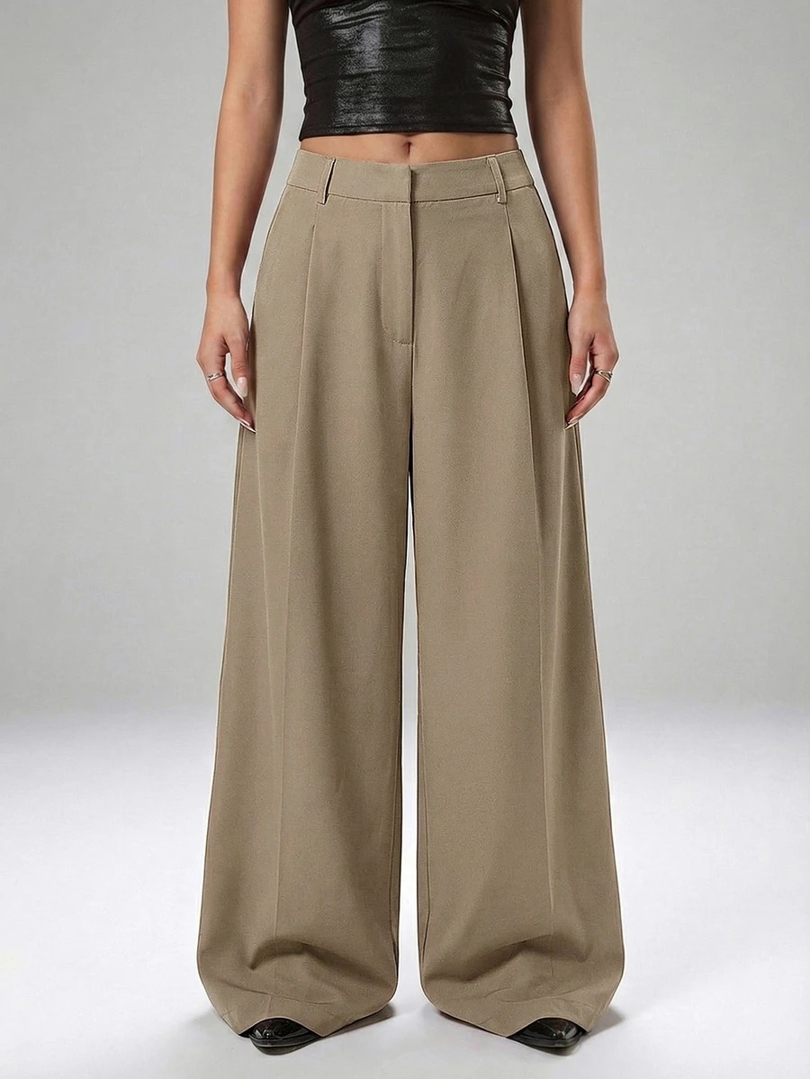 SHEIN EZwear Solid Wide Leg Khaki Pants