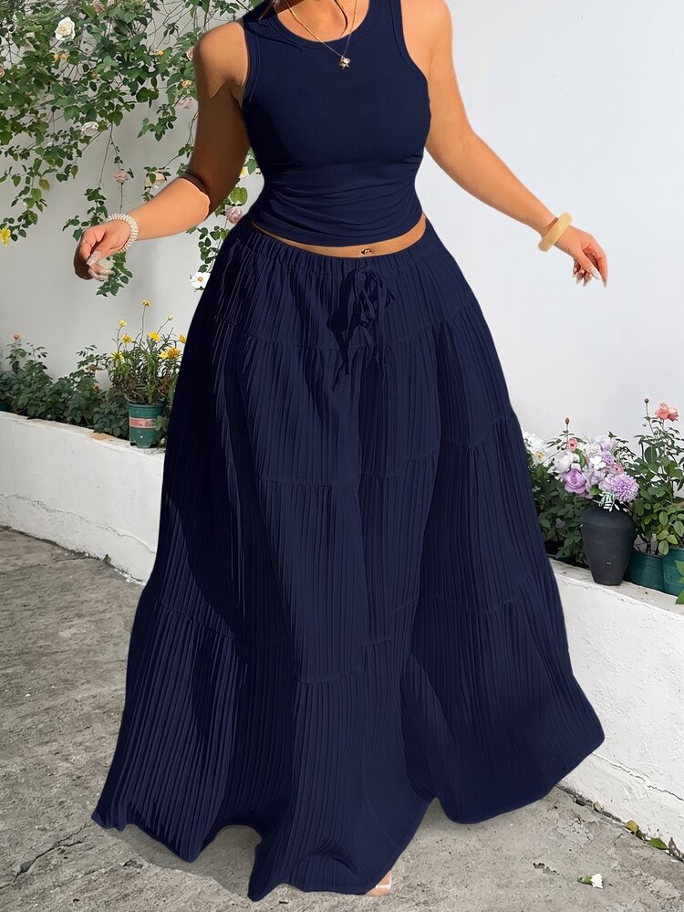 GalTyme Navy Blue Sleeveless Top And Skirt 2 Pieces Set, Plus Size - Navy Blue - View 1