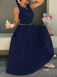 GalTyme Navy Blue Sleeveless Top And Skirt 2 Pieces Set, Plus Size - Navy Blue - View 5