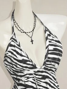 SHEIN ICON 女式夏季斑马纹荷叶边性感露背背心 - 黑與白 - 查看 7