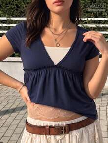 GalTyme 大尺碼夏季休閒拼色拼接T恤 - 藏蓝色 - 查看 5