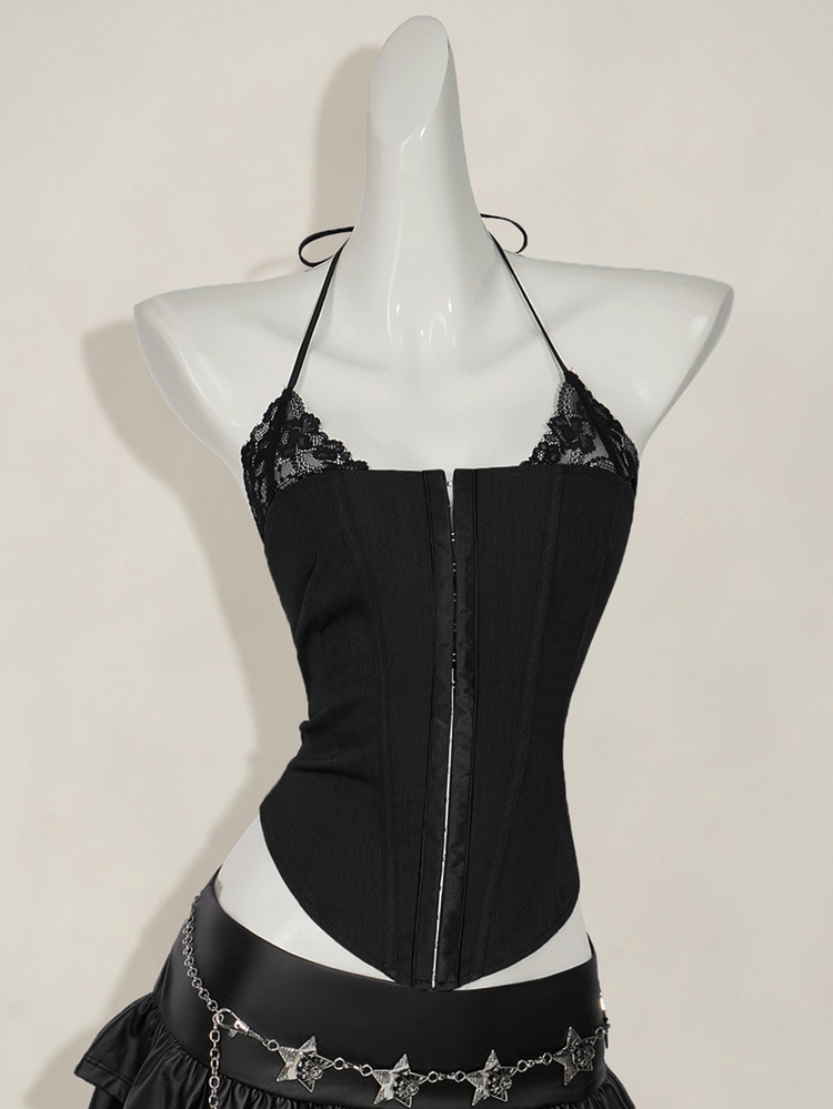 SHEIN ICON 1 Pc Women's Fitted Lace 2 In 1 Halter Camisole Goth Goth - Black - View 6