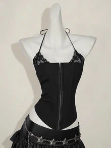 SHEIN ICON 1 Pc Women's Fitted Lace 2 In 1 Halter Camisole Goth Goth - Black - View 7