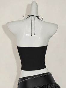 SHEIN ICON 1 Pc Women's Fitted Lace 2 In 1 Halter Camisole Goth Goth - Black - View 5