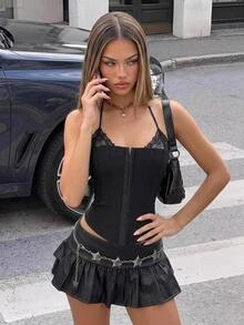 SHEIN ICON 1 Pc Women's Fitted Lace 2 In 1 Halter Camisole Goth Goth - Black - View 1