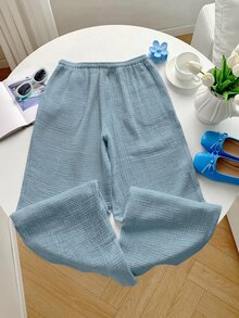 GalTyme Plus Size Dusty Blue Solid Color Drawstring Comfortable Loose Casual Pants Formal Vacation Autumn Fall Vacation Formal Vacation Formal Vacation - Sky Blue - View 7