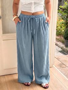 GalTyme Plus Size Dusty Blue Solid Color Drawstring Comfortable Loose Casual Pants Formal Vacation Autumn Fall Vacation Formal Vacation Formal Vacation - Sky Blue - View 4
