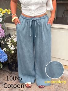 GalTyme Plus Size Dusty Blue Solid Color Drawstring Comfortable Loose Casual Pants Formal Vacation Autumn Fall Vacation Formal Vacation Formal Vacation - Sky Blue - View 2