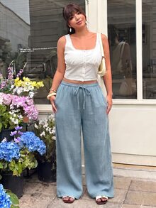 GalTyme Plus Size Dusty Blue Solid Color Drawstring Comfortable Loose Casual Pants Formal Vacation Autumn Fall Vacation Formal Vacation Formal Vacation - Sky Blue - View 5