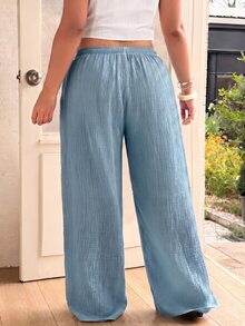 GalTyme Plus Size Dusty Blue Solid Color Drawstring Comfortable Loose Casual Pants Formal Vacation Autumn Fall Vacation Formal Vacation Formal Vacation - Sky Blue - View 3