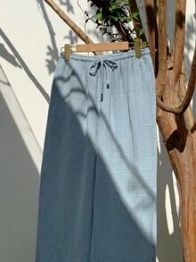 GalTyme Plus Size Dusty Blue Solid Color Drawstring Comfortable Loose Casual Pants Formal Vacation Autumn Fall Vacation Formal Vacation Formal Vacation - Sky Blue - View 11