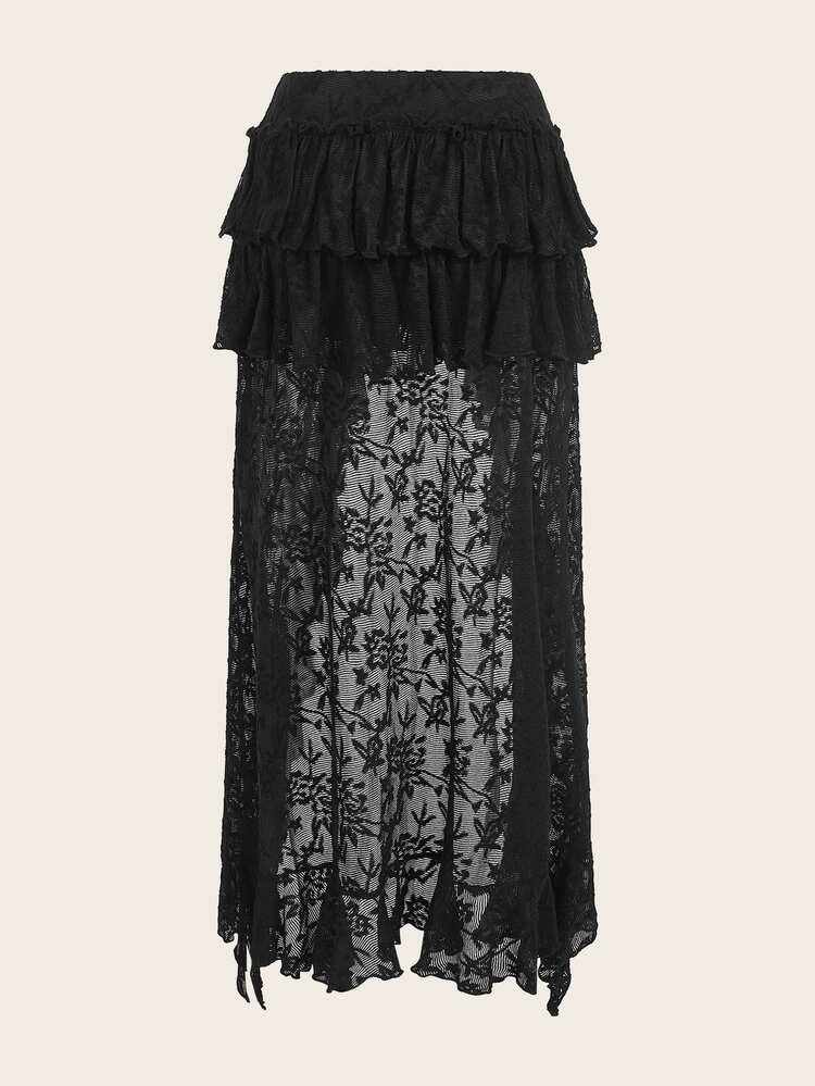 SHEIN ICON Ultra Low-Cut Lace Tiered Front Short Back Long Skirt - Black - View 2