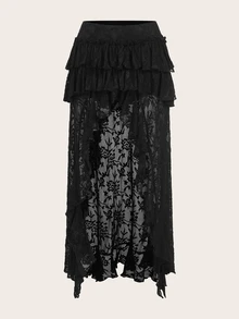 SHEIN ICON Rok Pendek Belakang Panjang dengan Potongan Sangat Rendah dan Detail Renda di Bagian Depan dan Belakang - Hitam - View 3