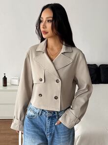 SHEIN PETITE 女款卡其色純色雙排扣短版夾克外套 秋季/教師節 辦公商務 經典優雅休閒 - 杏色 - 查看 8