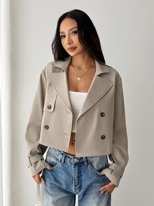 SHEIN PETITE 女款卡其色純色雙排扣短版夾克外套 秋季/教師節 辦公商務 經典優雅休閒 - 杏色 - 查看 6