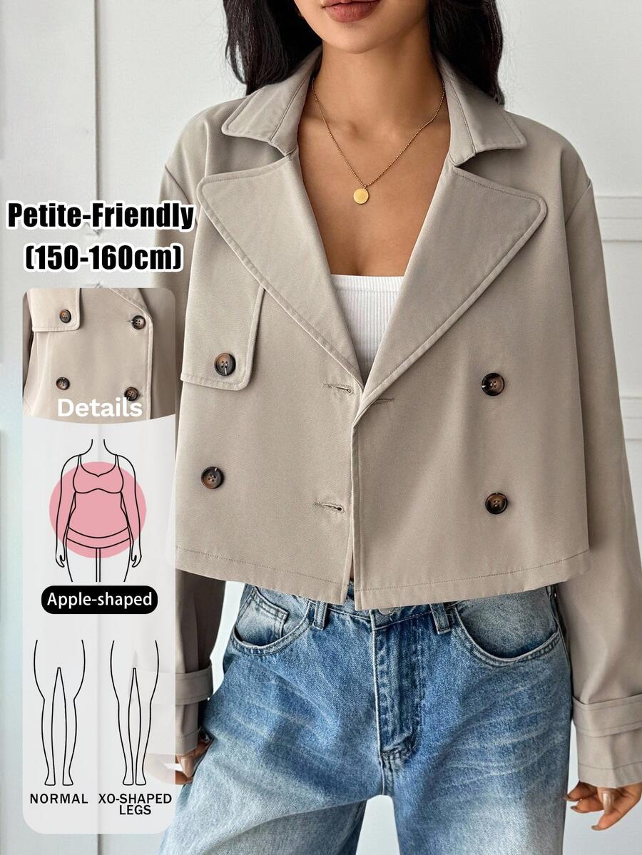 SHEIN PETITE 女款卡其色純色雙排扣短版夾克外套 秋季/教師節 辦公商務 經典優雅休閒 - 杏色 - 查看 1