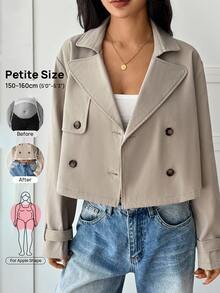 SHEIN PETITE 女款卡其色純色雙排扣短版夾克外套 秋季/教師節 辦公商務 經典優雅休閒 - 杏色 - 查看 13